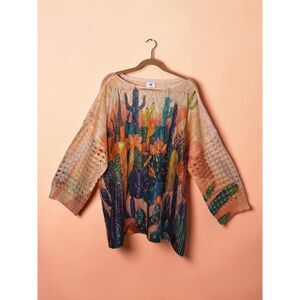 Vibrant Desert Cactus Graphic Open Knit Sweater Plus Size 3X Pointelle Pullover
